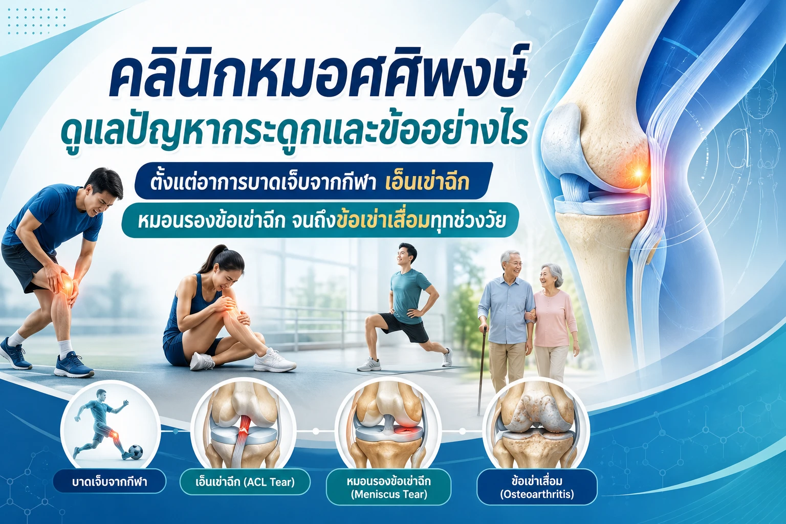 คลินิกหมอศศิพงษ์ดูแลปัญหากระดูกและข้ออย่างไร ตั้งแต่อาการบาดเจ็บจากกีฬา เอ็นเข่าฉีก หมอนรองข้อเข่าฉีก จนถึงข้อเข่าเสื่อมทุกช่วงวัย